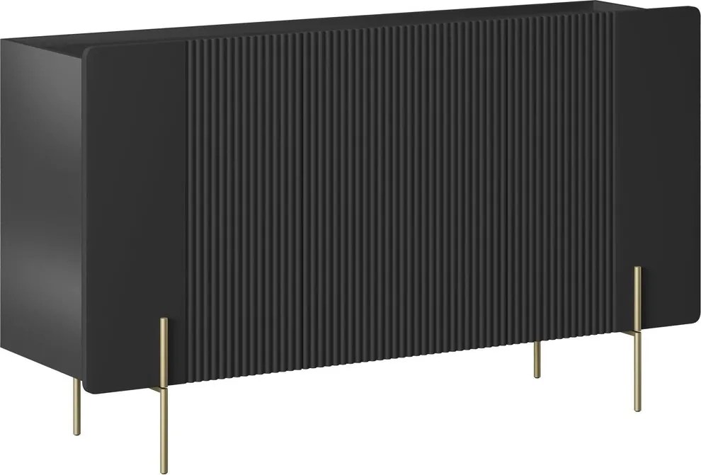 Comodă Malmi 150 cm cu trei uși - negru mat / picioare aurii