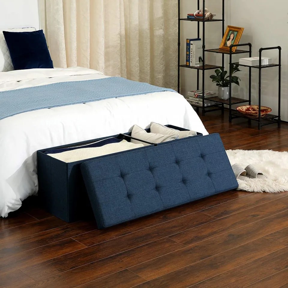 Bancheta cu spatiu depozitare, textil / MDF, albastru marin, Songmics