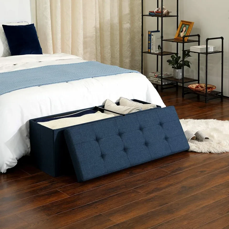Bancheta cu spatiu depozitare, textil / MDF, albastru marin, Songmics