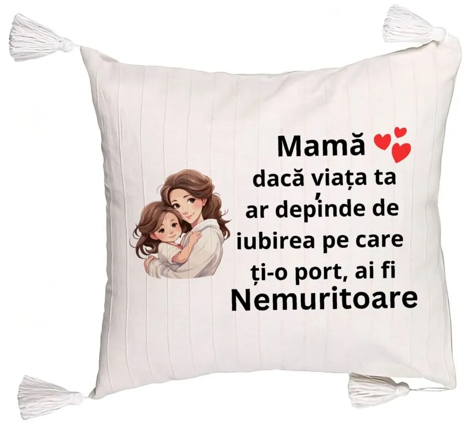 Perna Decorativa cu Franjuri, Model pentru Mama 6, 45x45 cm, Ecru, Cu fermoar