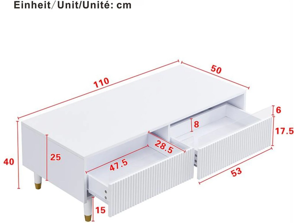Masă de cafea cu LED, 2 sertare și iluminare LED, 110x50x40 cm, Alb