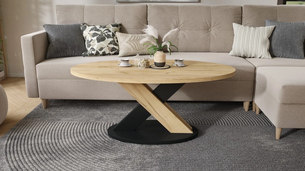 Mazzoni Măsuță de cafea ovală LOXA Stejar Craft Auriu / Negru - MĂSUȚĂ DE CAFEA 120x65 cm