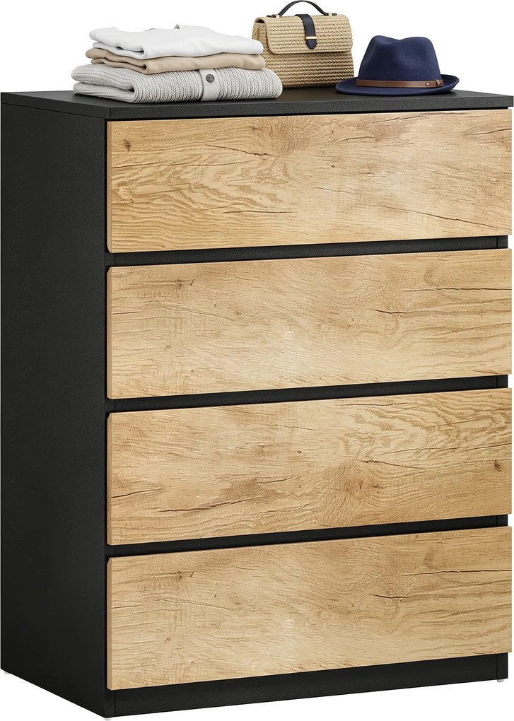 HOMCOM Comodă cu 4 Sertare din Lemn cu Șine Metalice și Mânere Frezate, 60x40x80 cm, Negru și Stejar | Aosom Romania