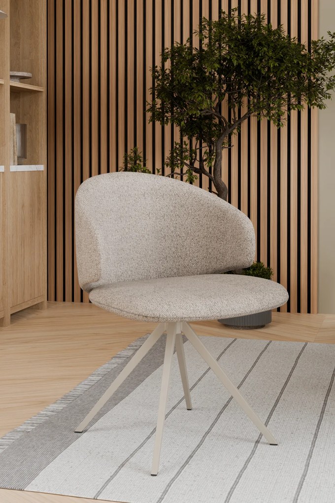 MAZZONI EXPORT NELA Bej Latte (material Monza 60)/picioare bej - SCAUN MODERN BOUCLÉ ROTATIV TAPIȚAT PENTRU SALON/LIVING/BIROU BOHO