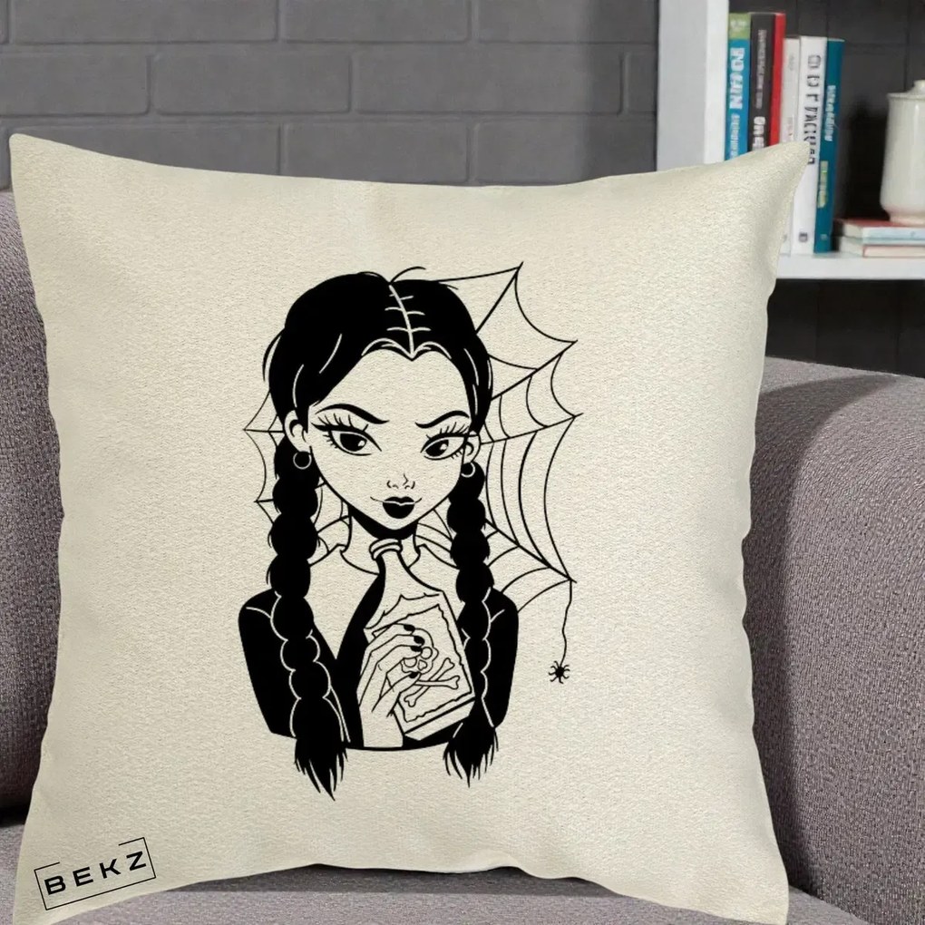 Perna Personalizata Wednesday cu Panza de Paianjen, 40x40 cm, Ecru, Husa Detasabila, Perna Inclusa, BEKZ®