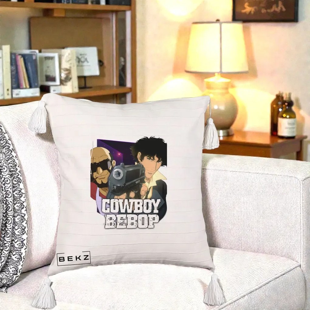 Perna Personalizata Cowboy Bebop Spike si Jet Poster, 40x40 cm, Bej cu Franjuri, Husa Detasabila, Perna Inclusa, BEKZ®