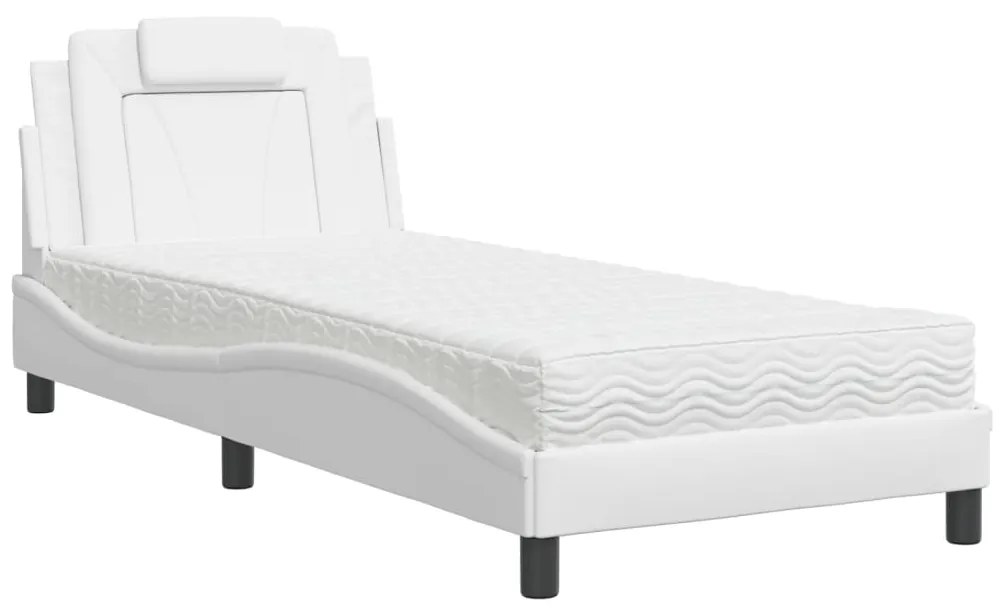 3208762 vidaXL Pat cu saltea, alb, 90x190 cm, piele ecologică