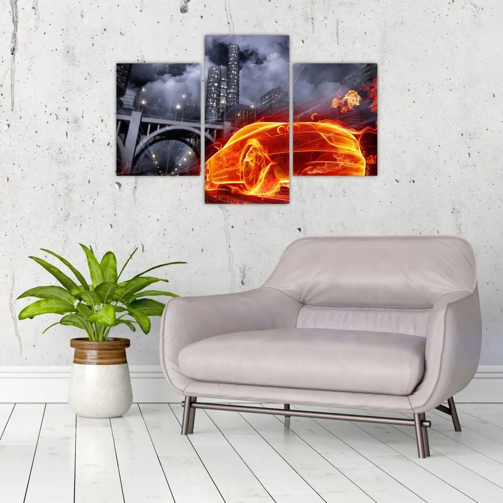 Tablou cu mașina în flăcărată (90x60 cm)