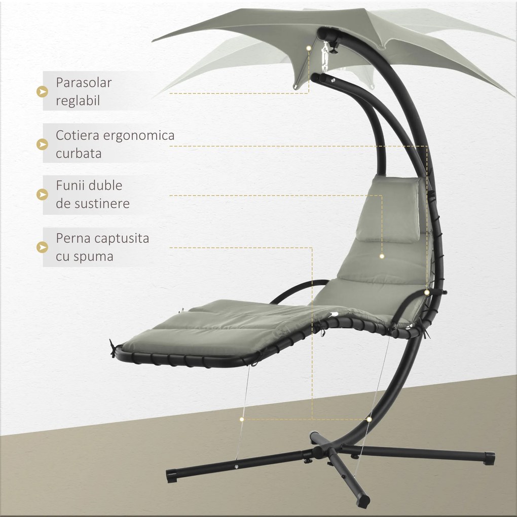 Outsunny Sezlong Suspendat cu Acoperiș, Relaxare de Lux, Design Modern, Confortabil, Gri, Perfect pentru Exterior | Aosom Romania
