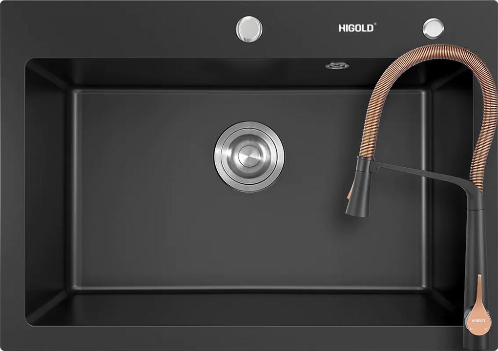 Set chiuveta bucatarie Higold 935004B 680 x 480 mm negru cu baterie bucatarie Higold BN2.0 cu cap mobil magnetic, negru si rozegold