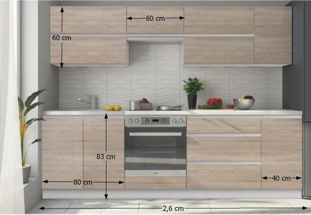 Set bucatarie 2,6 m, alb/stejar sonoma, LINE NEW