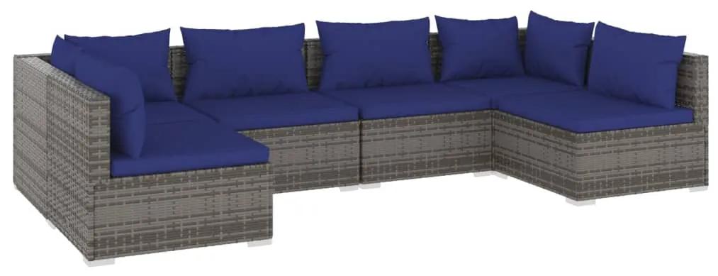 Set mobilier de gradina cu perne, 6 piese, gri, poliratan gri si bleumarin, 2x colt + 4x mijloc, 1