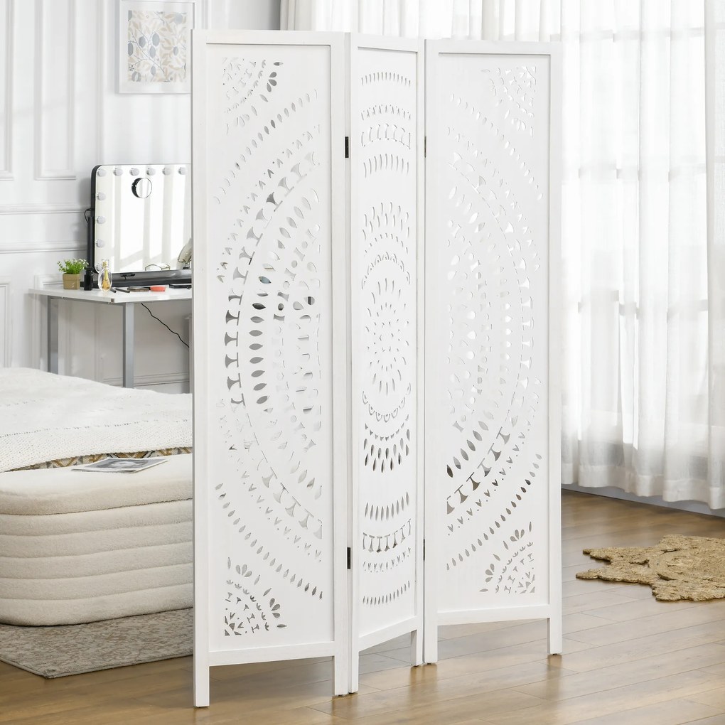 HOMCOM Paravan Interior cu 3 Panouri, Separator Pliabil de Interior, din Lemn Cioplit, 120x170 cm, Alb | Aosom Romania