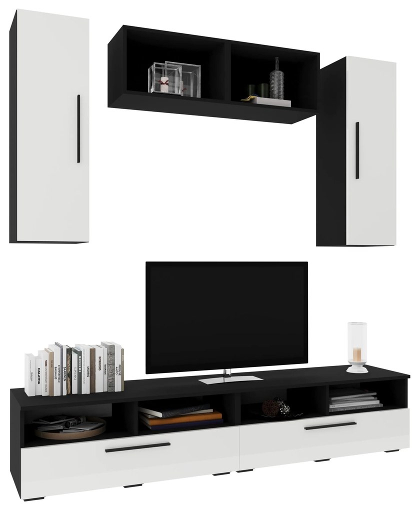 Living Kos V16, Negru/Alb Lucios, MDF, L 190 cm