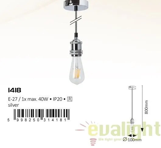Lustra, Pendul design Industrial Style, finisaj argintiu, diametru 10cm, Fixy 1418 RX