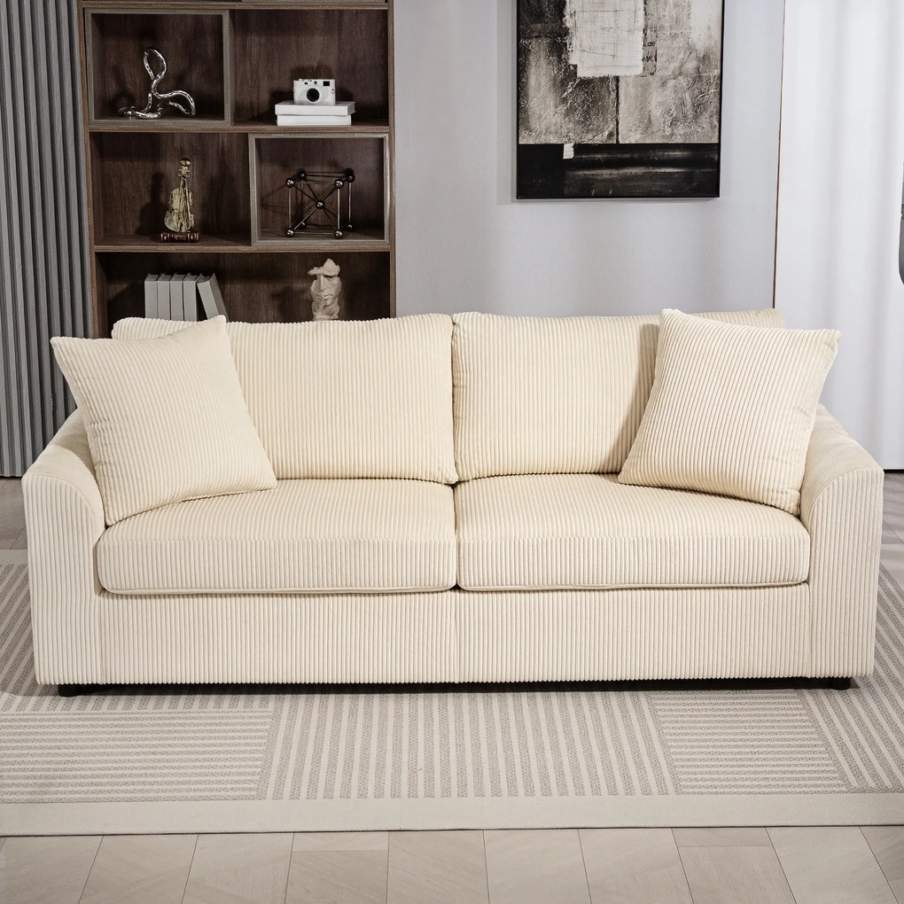 HOMCOM Canapea 3 Locuri din Catifea Reiată cu 2 Perne, 212x80x88 cm, Crem | Aosom Romania