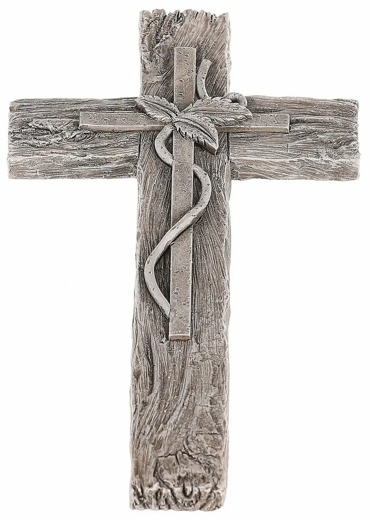Decorație funerară Cruce cu frunze, imitație delemn, poliresină, 11 x 21 x 2 cm