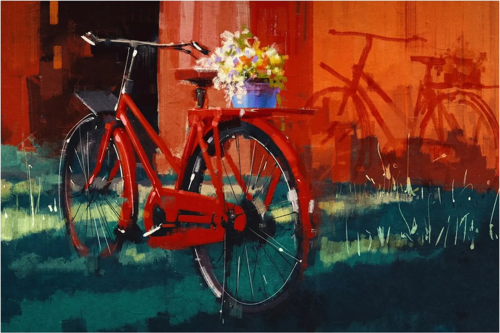 Tablou - Bicicleta roșie, pictură acrilică (90x60 cm)