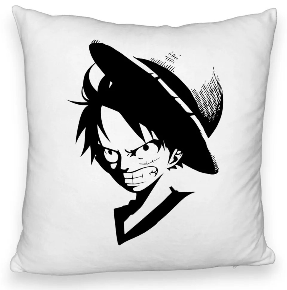 Perna Decorativa Fluffy cu One piece Luffy Black, 40x40 cm, Alba, Husa Detasabila, Burduf