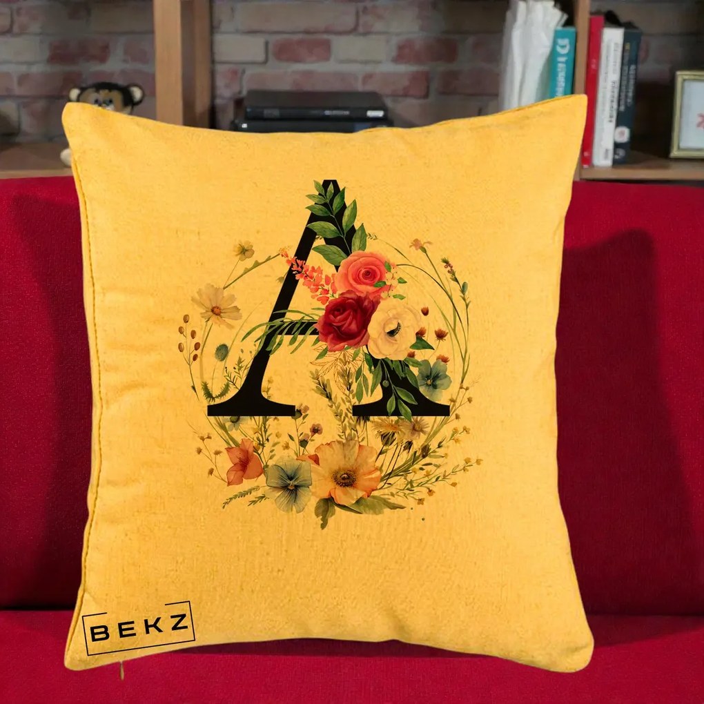 Cadou Personalizat - Perna Personalizata Monogram Litera A cu Flori Acuarela, 40x40 cm, Galben, Husa Detasabila, Perna Inclusa, BEKZ®