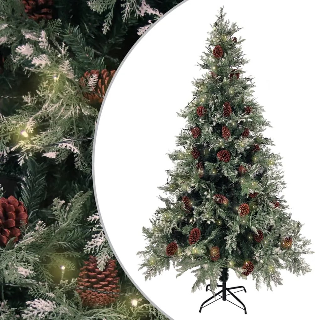 vidaXL Brad Crăciun pre-iluminat conuri de pin verde/alb 195 cm PVC/PE