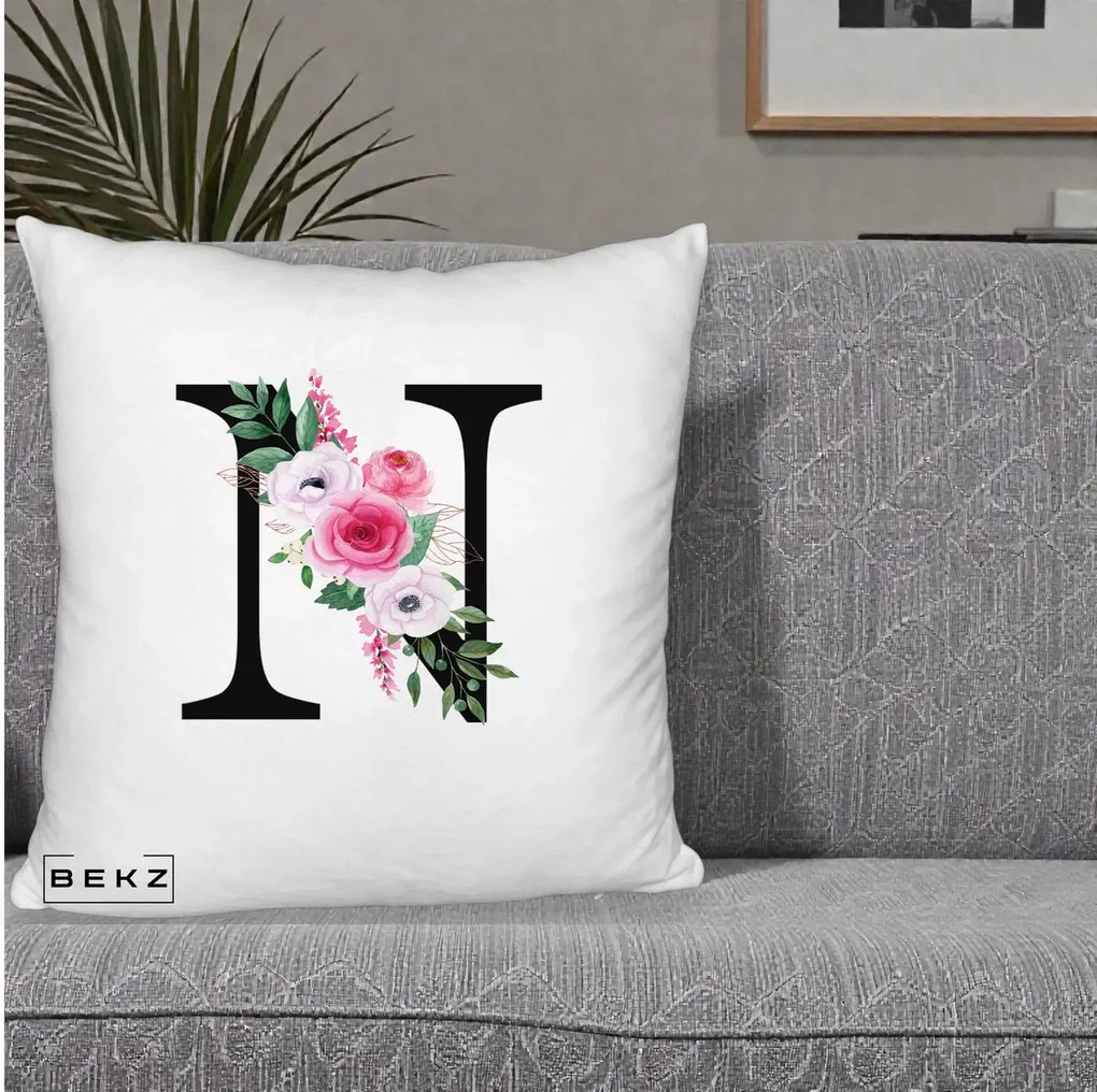 Cadou Personalizat - Perna Personalizata Monograma Florala Litera N, 40x40 cm, Alb Pufos, Husa Detasabila, Perna Inclusa, BEKZ®