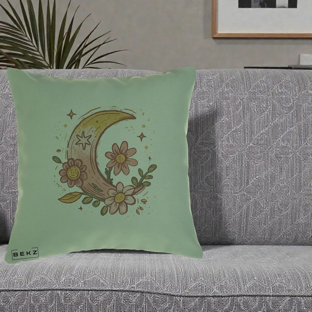 Perna Decorativa Luna Florala Boho, 40x40 cm, Verde, Husa Detasabila, Perna Inclusa, BEKZ®