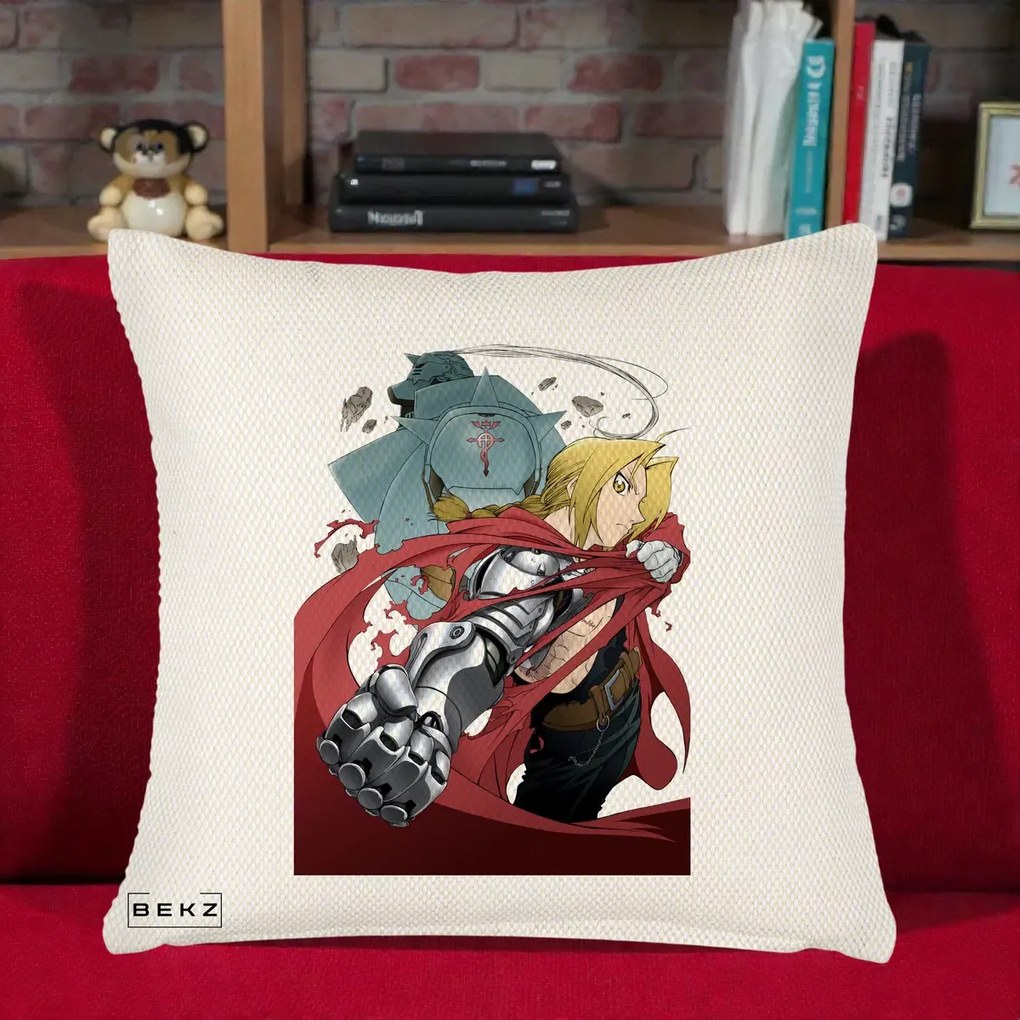 Perna Personalizata Fullmetal Alchemist Brotherhood Edward si Al Poster, 40x40 cm, Crem Reliefat, Husa Detasabila, Perna Inclusa, BEKZ®