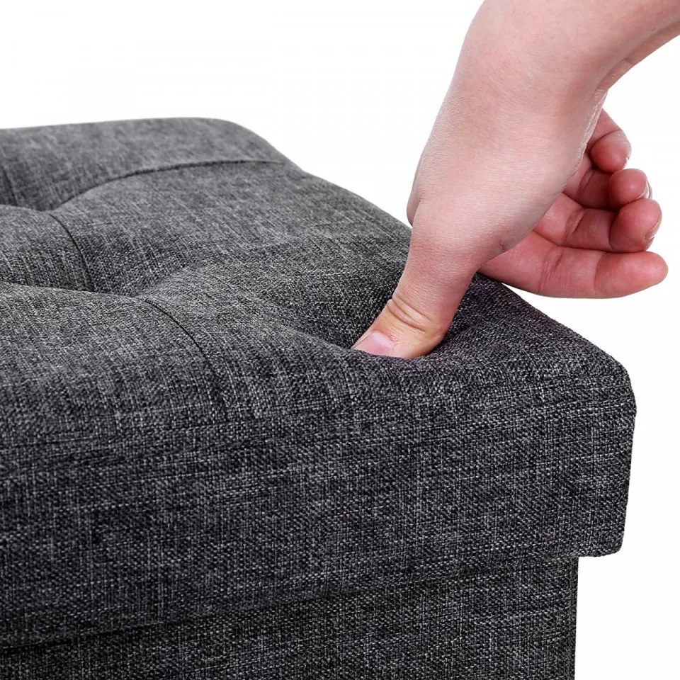 Taburet cu capac si spatiu depozitare, MDF / textil, gri inchis, Songmics