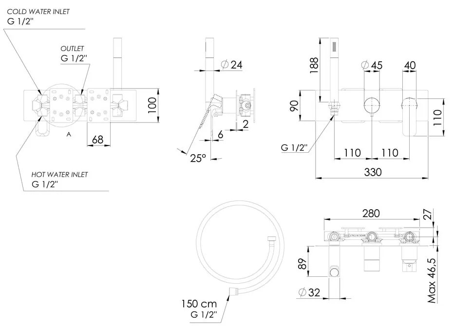 Baterie negru-mat pentru duș încastrată (2 ieșiri) Spy – Sapho