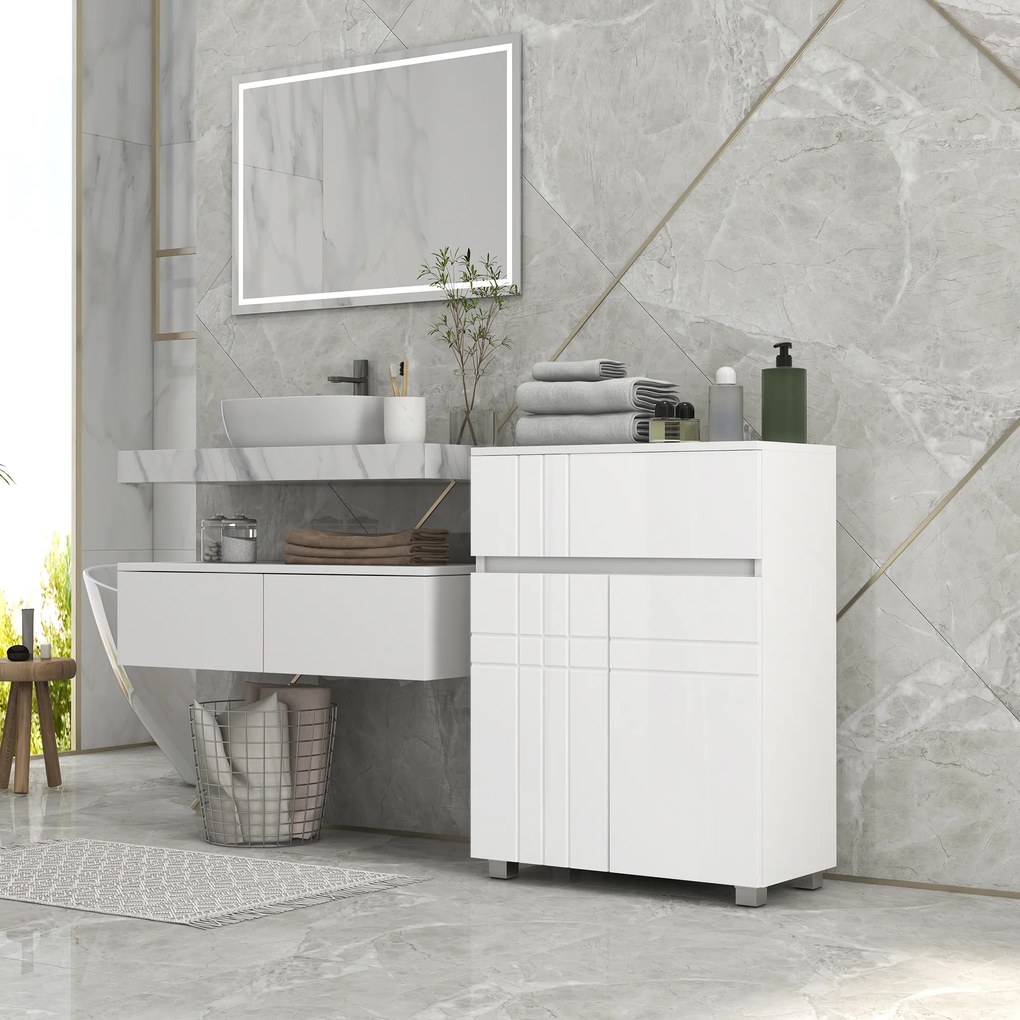 kleankin Mobilier de depozitare pentru baie pe picioare dulap 2 uși 1 sertar, raft reglabil, alb lacuit | Aosom Romania