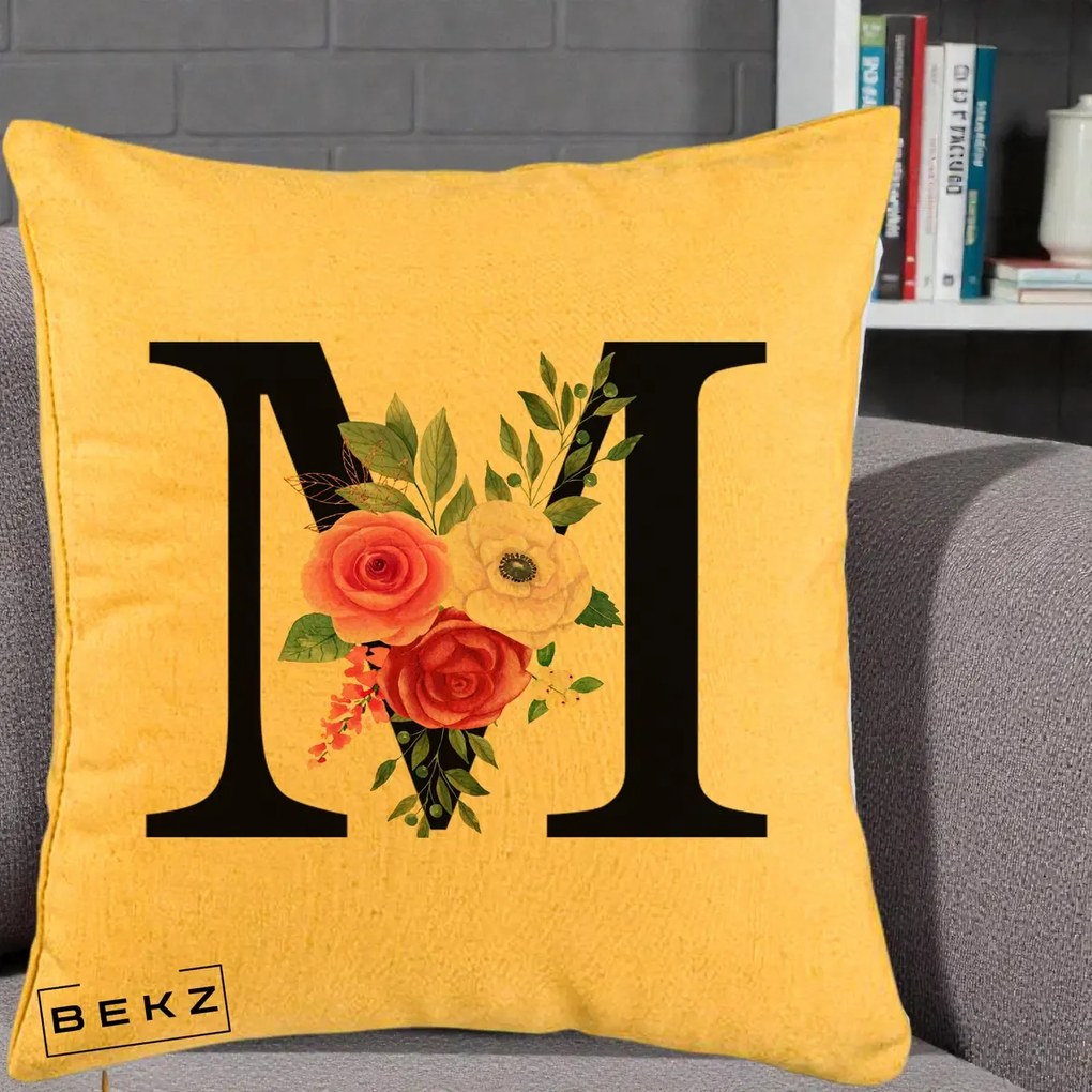 Cadou Personalizat - Perna Personalizata Monograma Florala Litera M cu Trandafiri si Anemona, 40x40 cm, Galben, Husa Detasabila, Perna Inclusa, BEKZ®