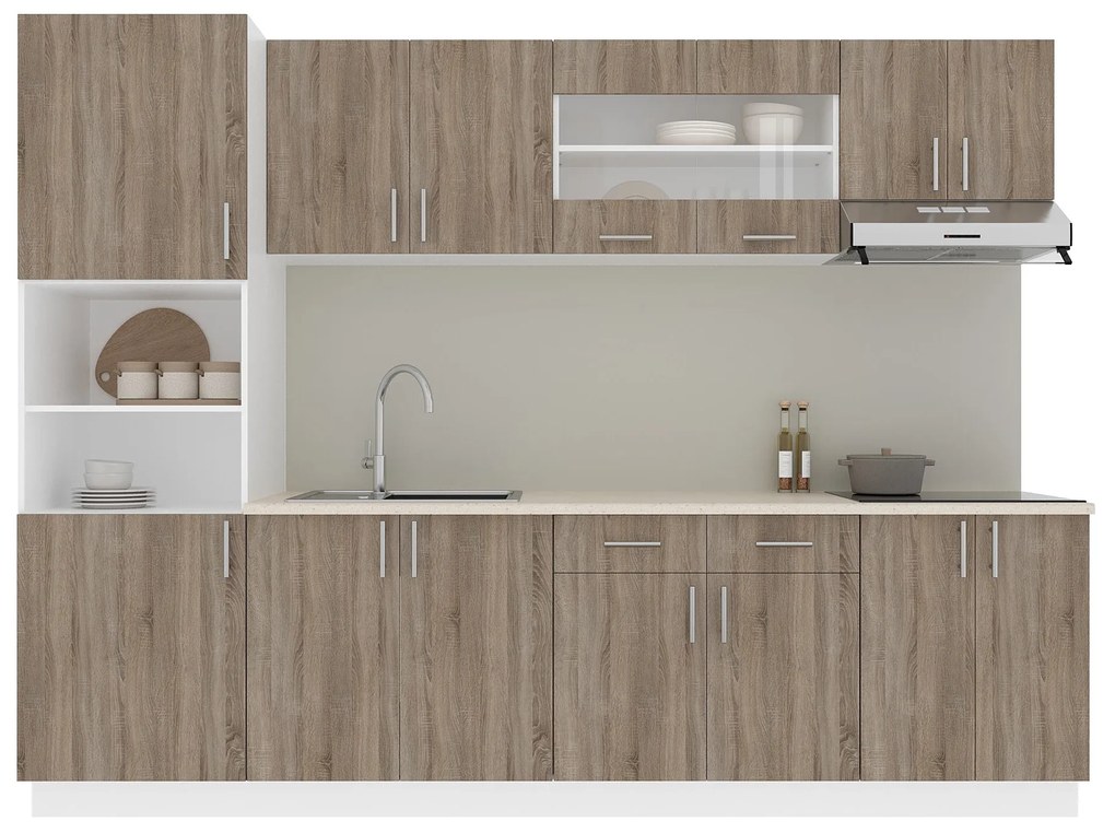 Set Bucatarie Karo V23, Stejar Sonoma Inchis/Alb, Blat Thermo 28 mm, L 280 cm