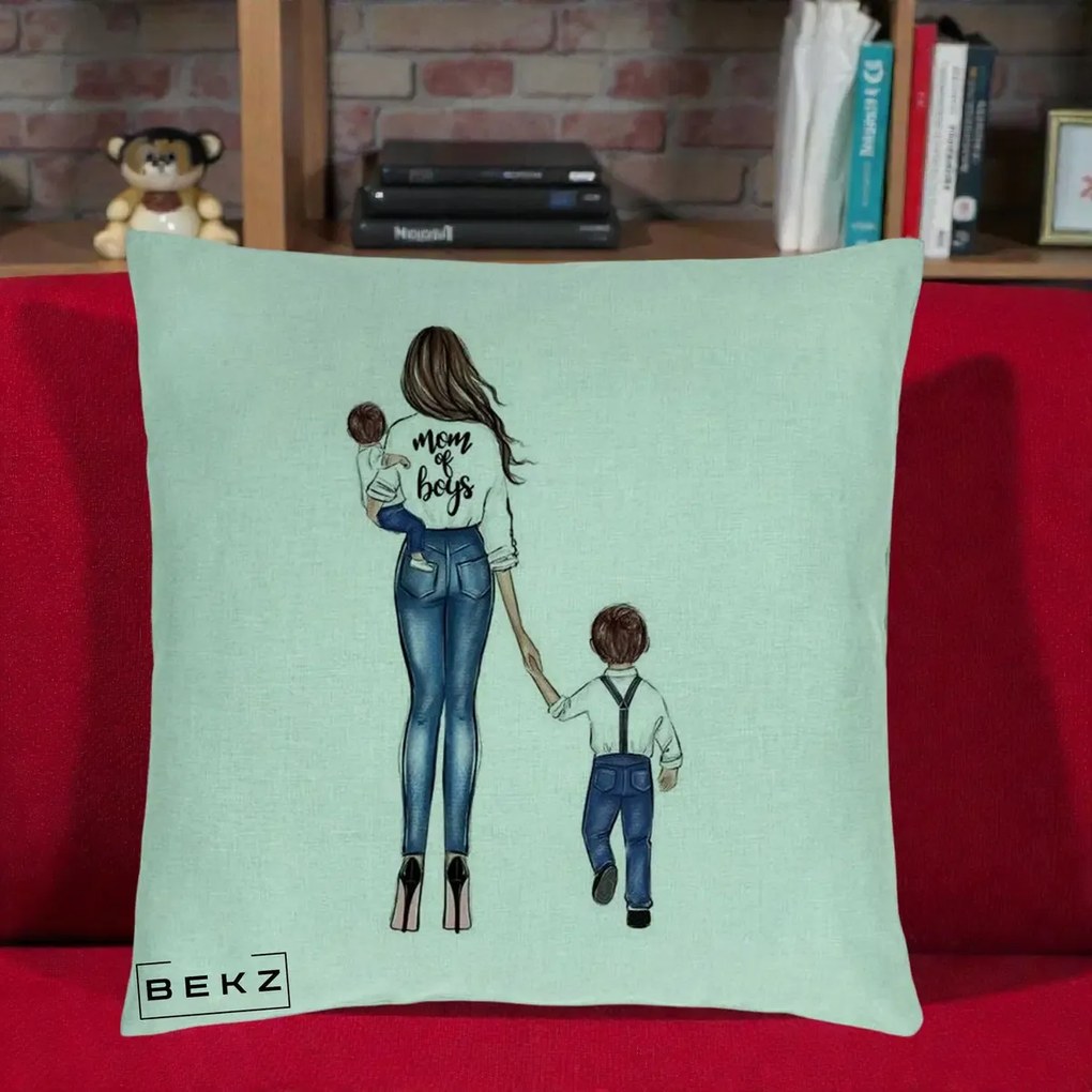 Cadou pentru Mama - Perna Personalizata Mom of Boys Mama cu Baietii, 40x40 cm, Verde Menta, Husa Detasabila, Perna Inclusa, BEKZ®