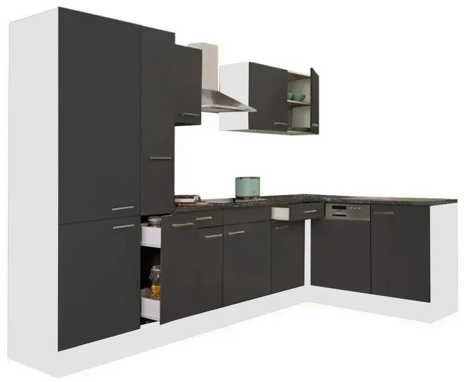 Mobilă de bucătărie de colț Yorki 310, corp alb, față antracit satinat, cu dulap cu raft