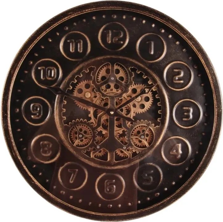 Ceas de perete din metal și sticlă, negru, rotund, cu roți dințate mobile la vedere, finisaj antichizat, 7 x 46 cm, „Stamford”