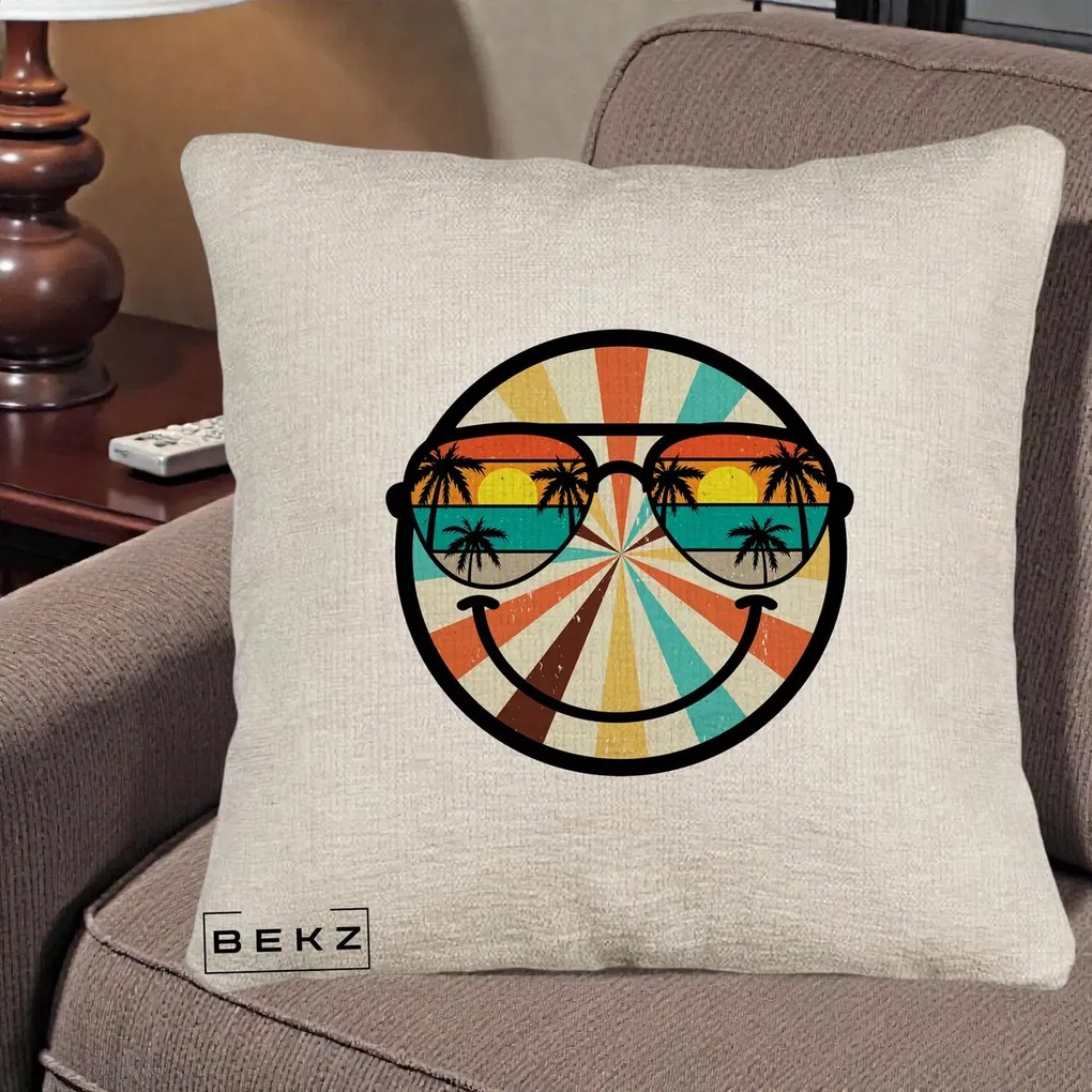Perna Decorativa Smiley Face Retro Sunset Palmieri, 40x40 cm, Bej Canapea, Husa Detasabila, Perna Inclusa, BEKZ®