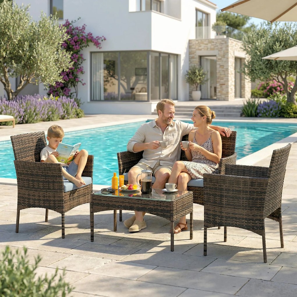 Outsunny Set Mobilier de Grădină din 4 Piese cu Canapea, 2 Fotolii și Măsuță de Cafea, 102x58x82 cm, Maro | Aosom Romania
