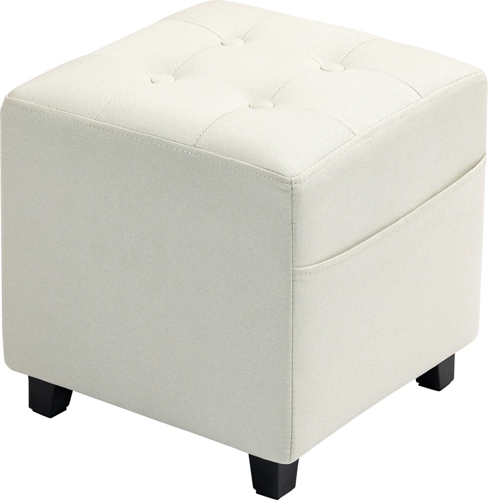 HOMCOM Suport pentru picioare pentru living, ottoman, scaun tapițat capitonat din material cu aspect de in cu buzunar lateral, 35 x 35 x 35 cm, cremă | Aosom Romania
