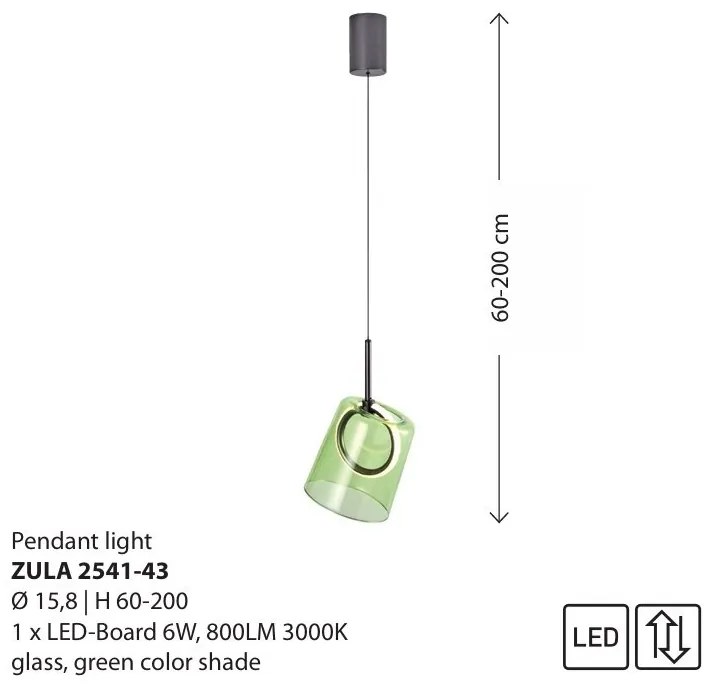 Pendul modern LED 3000K, inaltime reglabila, sticla, verde, Zula