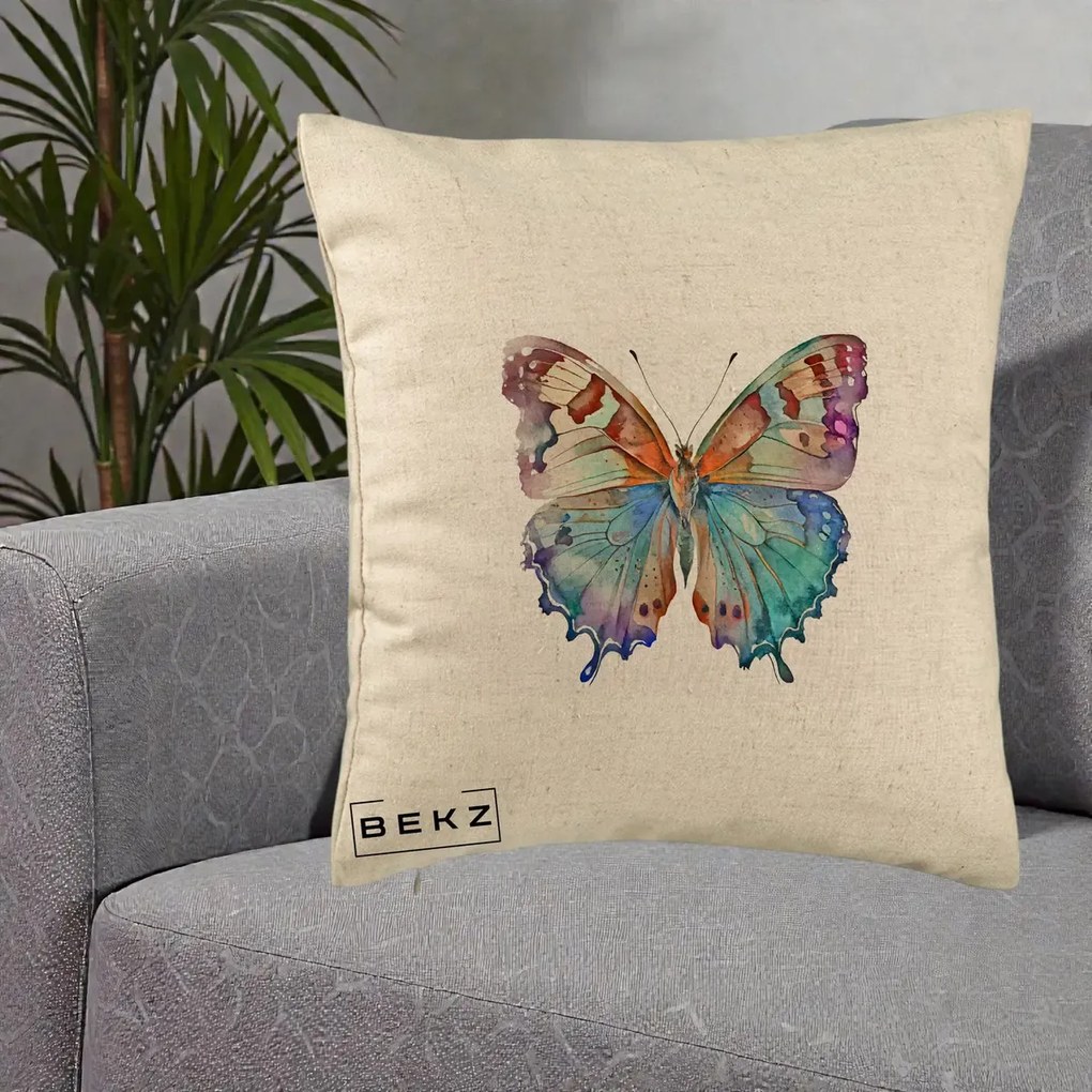 Perna Decorativa Fluture Acuarela Multicolor Portocaliu-Bleu-Mov, 40x40 cm, Bej, Husa Detasabila, Perna Inclusa, BEKZ®