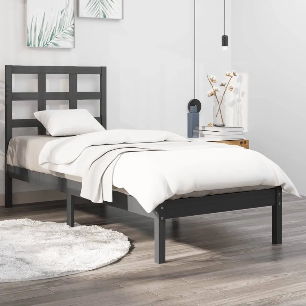 3105437 vidaXL Cadru de pat single, gri, 90x190 cm, lemn masiv