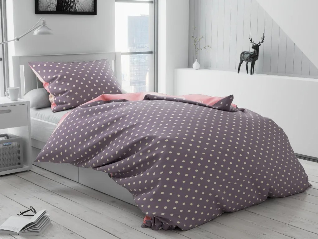 Lenjerie de pat din bumbac, reversibila, INIMI SI BULINE roz