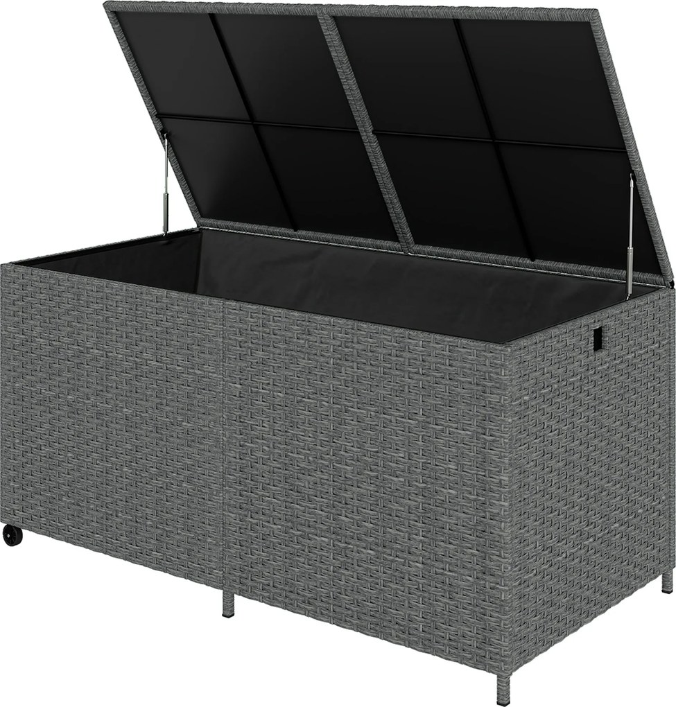 Outsunny Cutie pentru perne din rattan 650 L rezistentă la intemperii rezistent UV cu capac roți spațiu depozitare 150 x 75 x 74 cm Gri închis | Aosom Romania