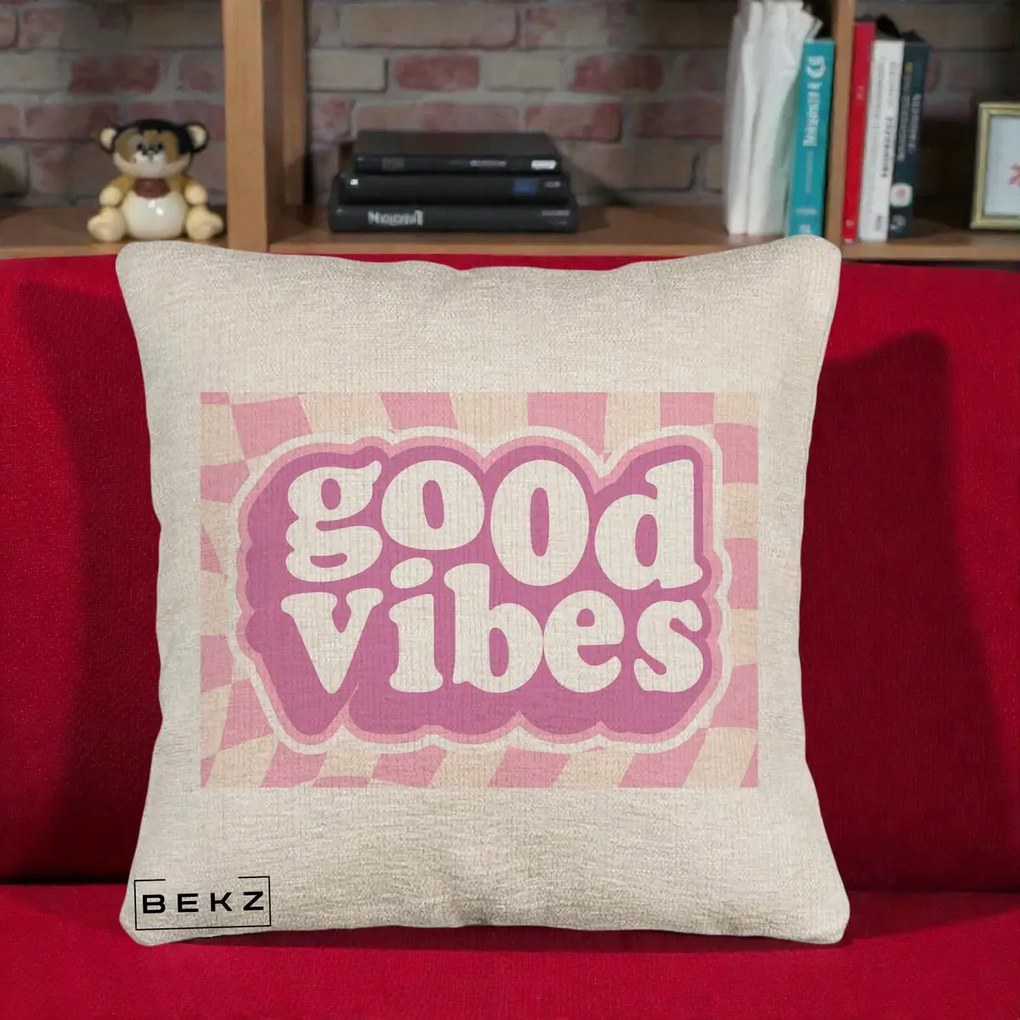 Perna Decorativa Good Vibes Retro Roz, 40x40 cm, Bej Canapea, Husa Detasabila, Perna Inclusa, BEKZ®