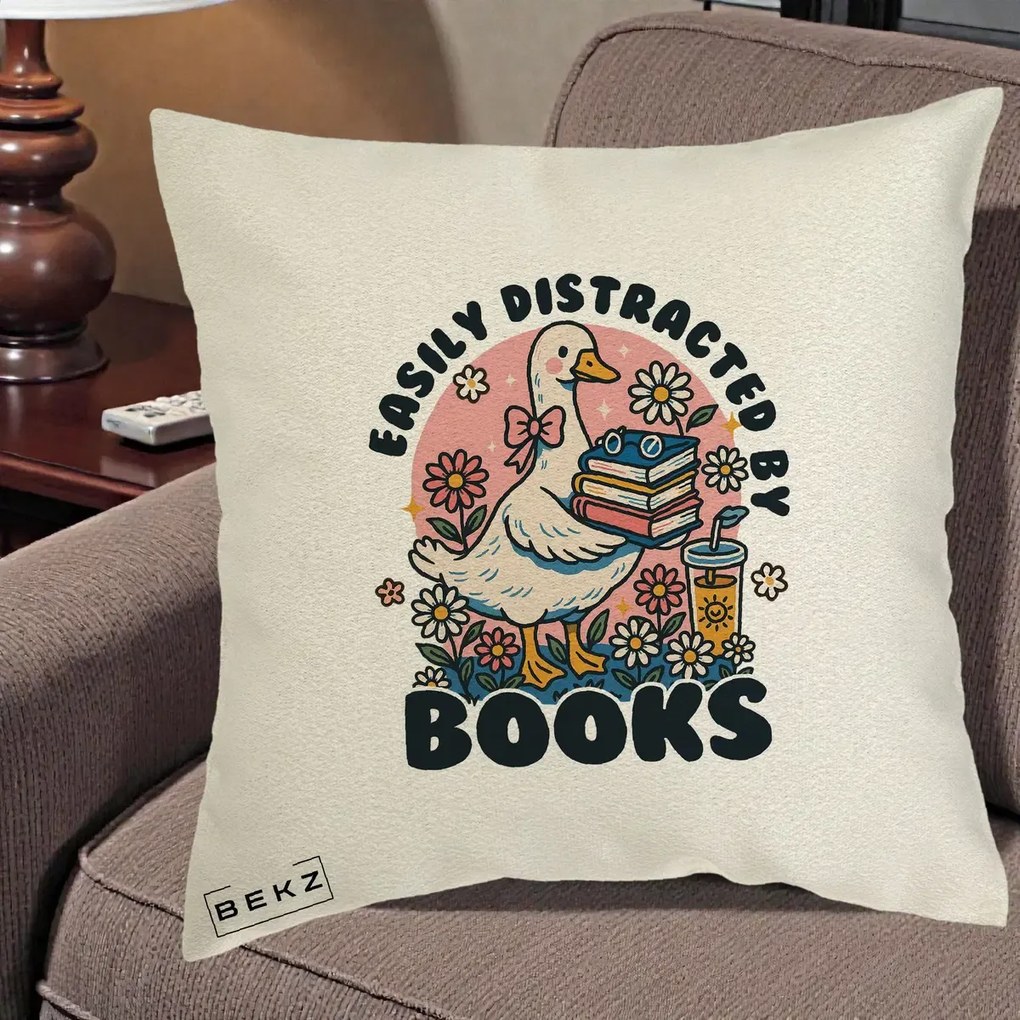 Perna Personalizata Easily Distracted by Books, 40x40 cm, Ecru, Husa Detasabila, Perna Inclusa, BEKZ®