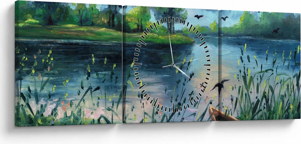 Tablou- Pictură în ulei, seară de vară lângă lac (cu ceas) (90x30 cm)