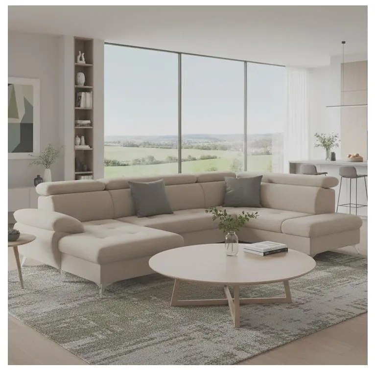 Canapea colțar extensibilă cu spațiu depozitare U CATANIA, dreapta, bej