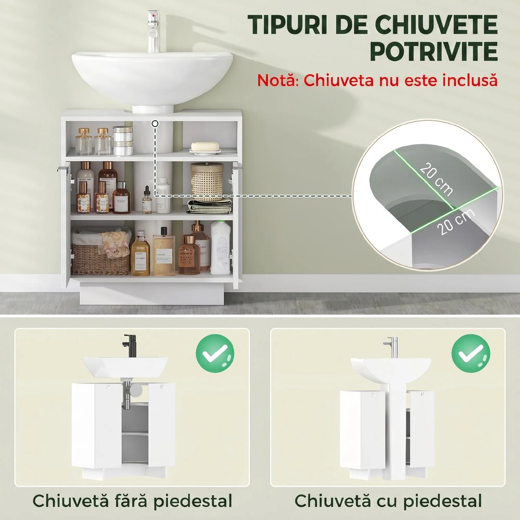 HOMCOM Dulap de Baie Sub Chiuvetă cu Raft Interior Ajustabil Alb | Aosom Romania