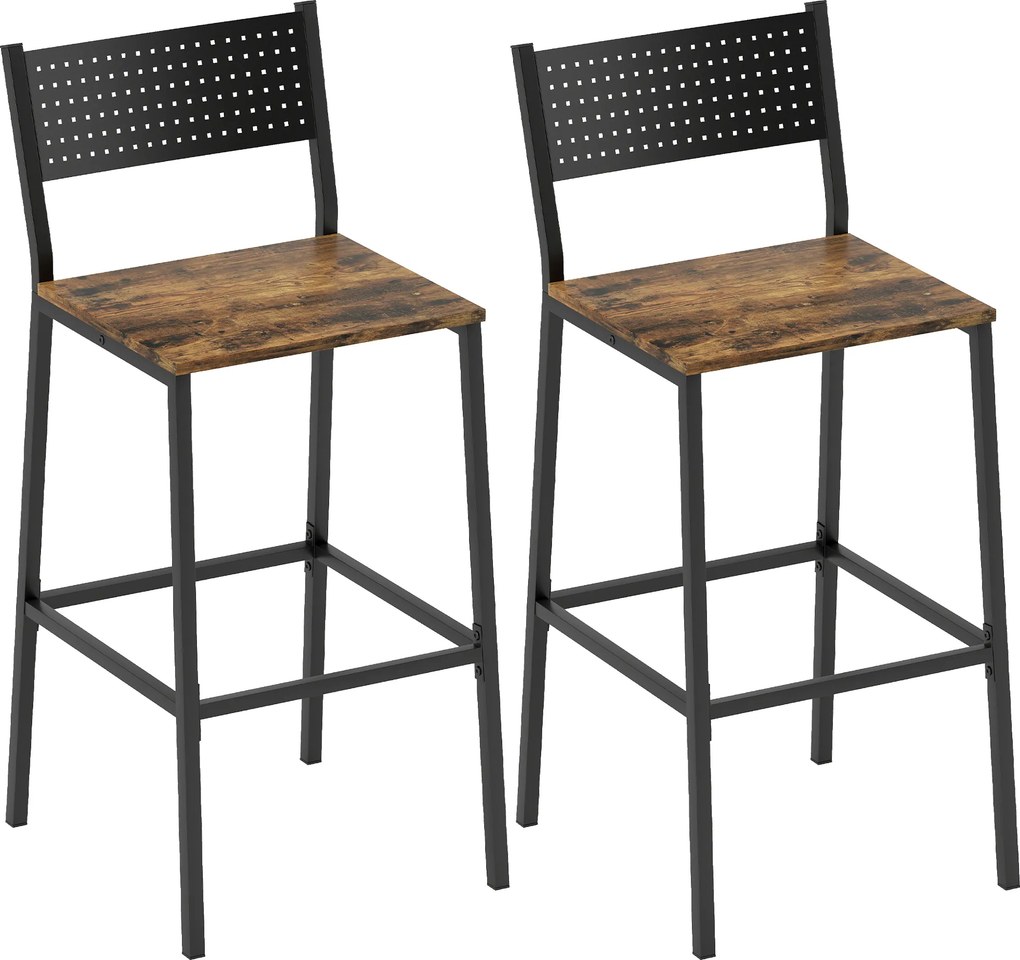 HOMCOM Set 2 Scaune Bar Stil Industrial cu Spătar și Suport pentru Picioare Maro | Aosom Romania